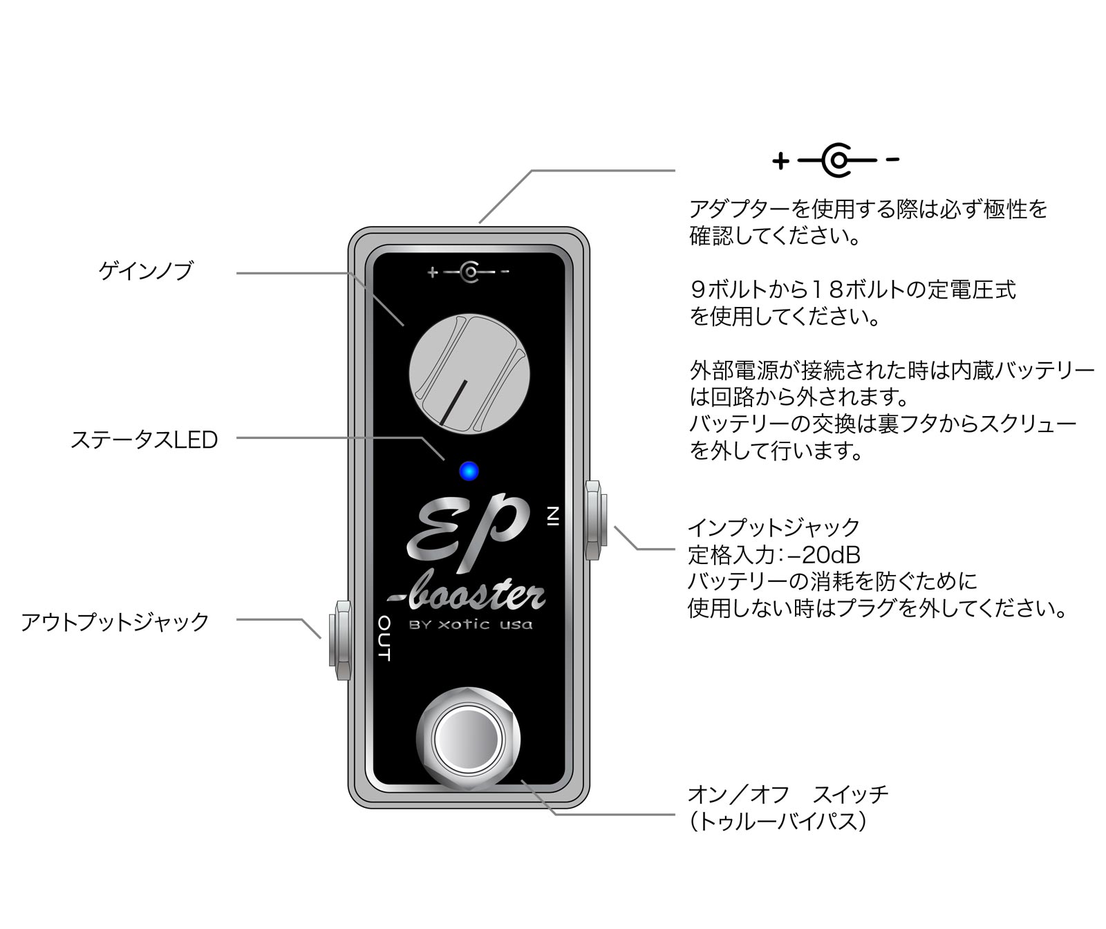 Xotic EP Booster+18V昇圧コンバータ+外付け電池アダプタ - エフェクター